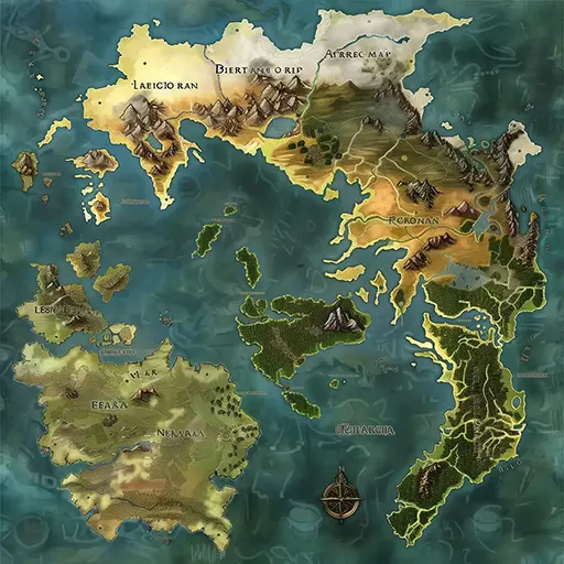 Initial fantasy world map concept art with diverse biomes